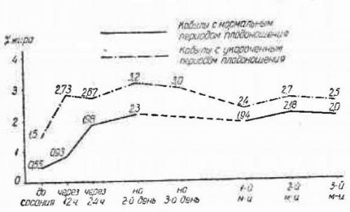 Взаимосвязь сроков плодоношения с составом кобыльего молозива и молока, график 1